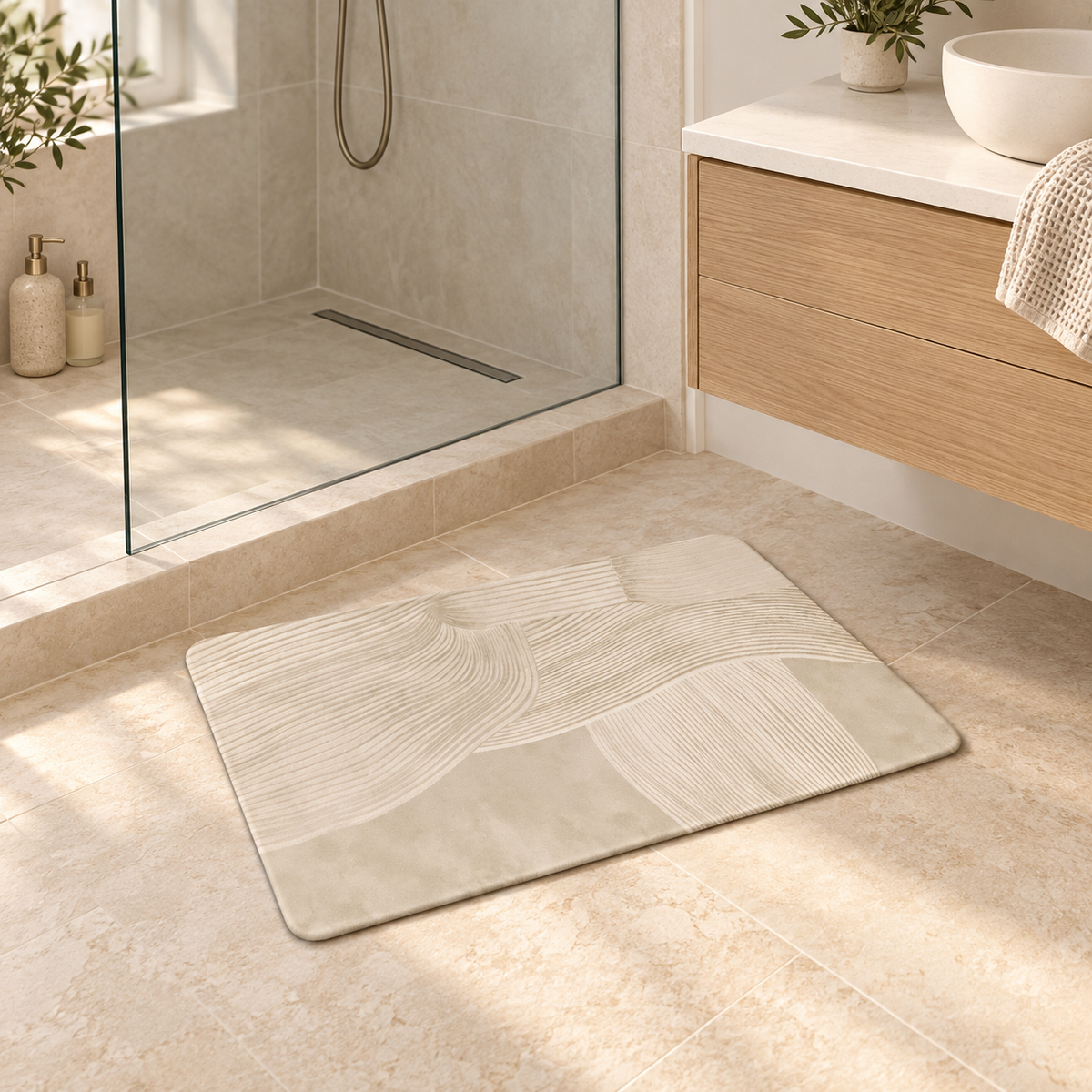 Tapis De Bain Design – Lin Clair / Rectangulaire / 45x75cm dans une salle de bain lumineuse
