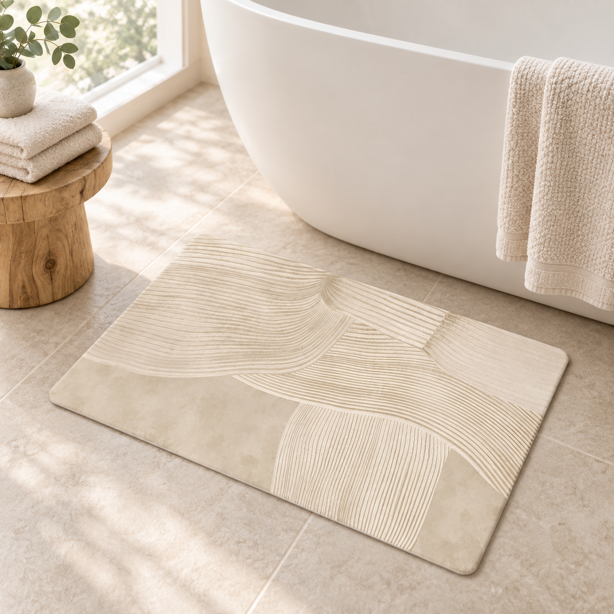 Tapis De Bain Design – Lin Clair / Rectangulaire / 45x75cm près d’une baignoire