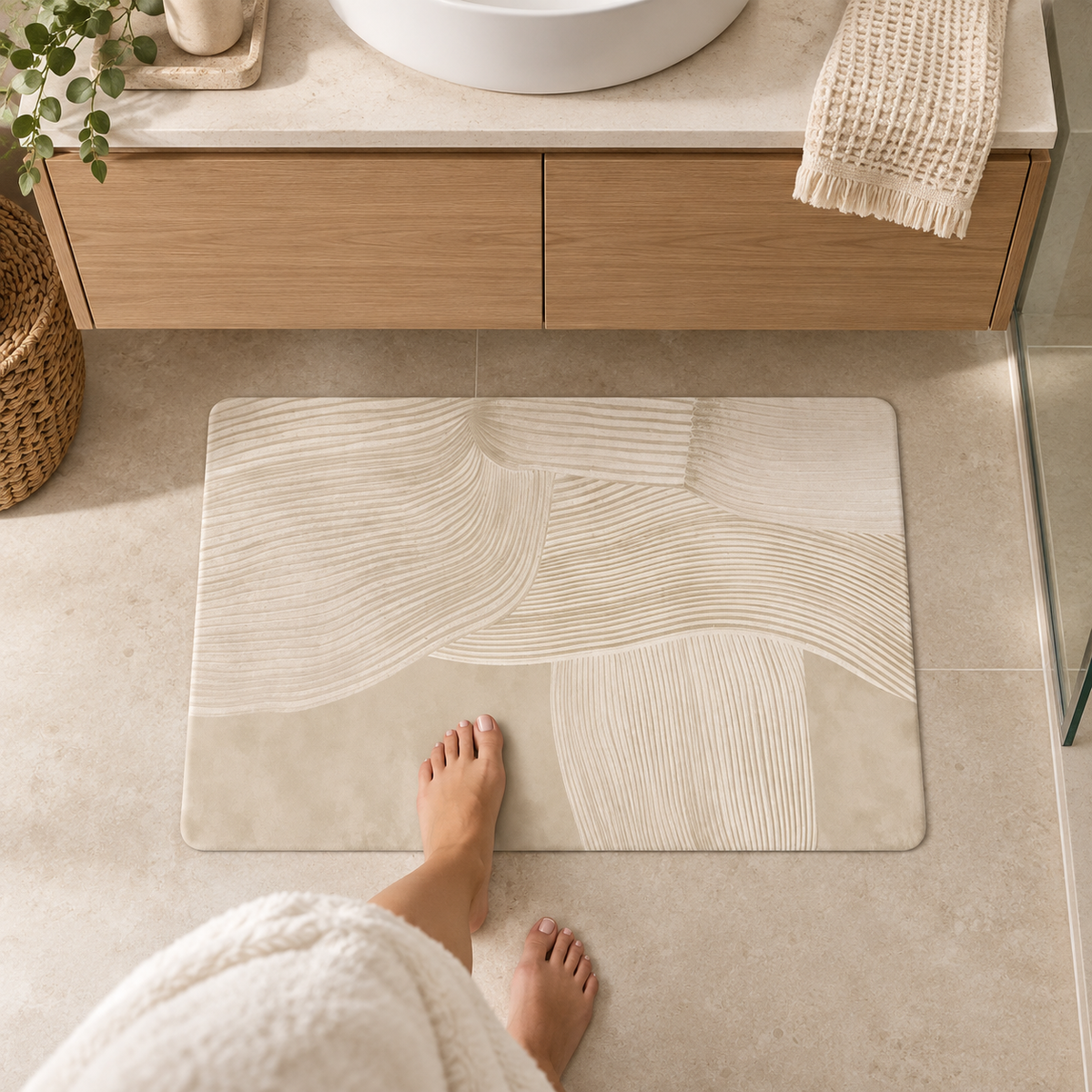 Tapis De Bain Design – Lin Clair / Rectangulaire / 45x75cm dans une salle de bain contemporaine