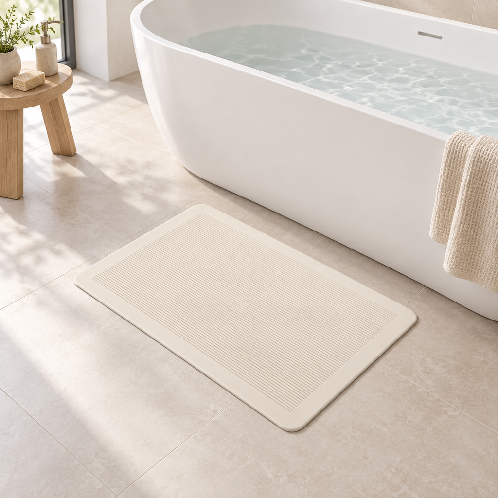 Tapis De Bain Diatomite Sur Mesure – Rectangle Rayé près d’une baignoire