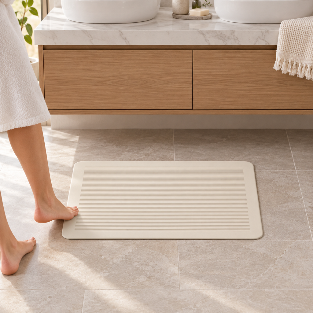 Tapis De Bain Diatomite Sur Mesure – Rectangle Rayé dans une salle de bain contemporaine