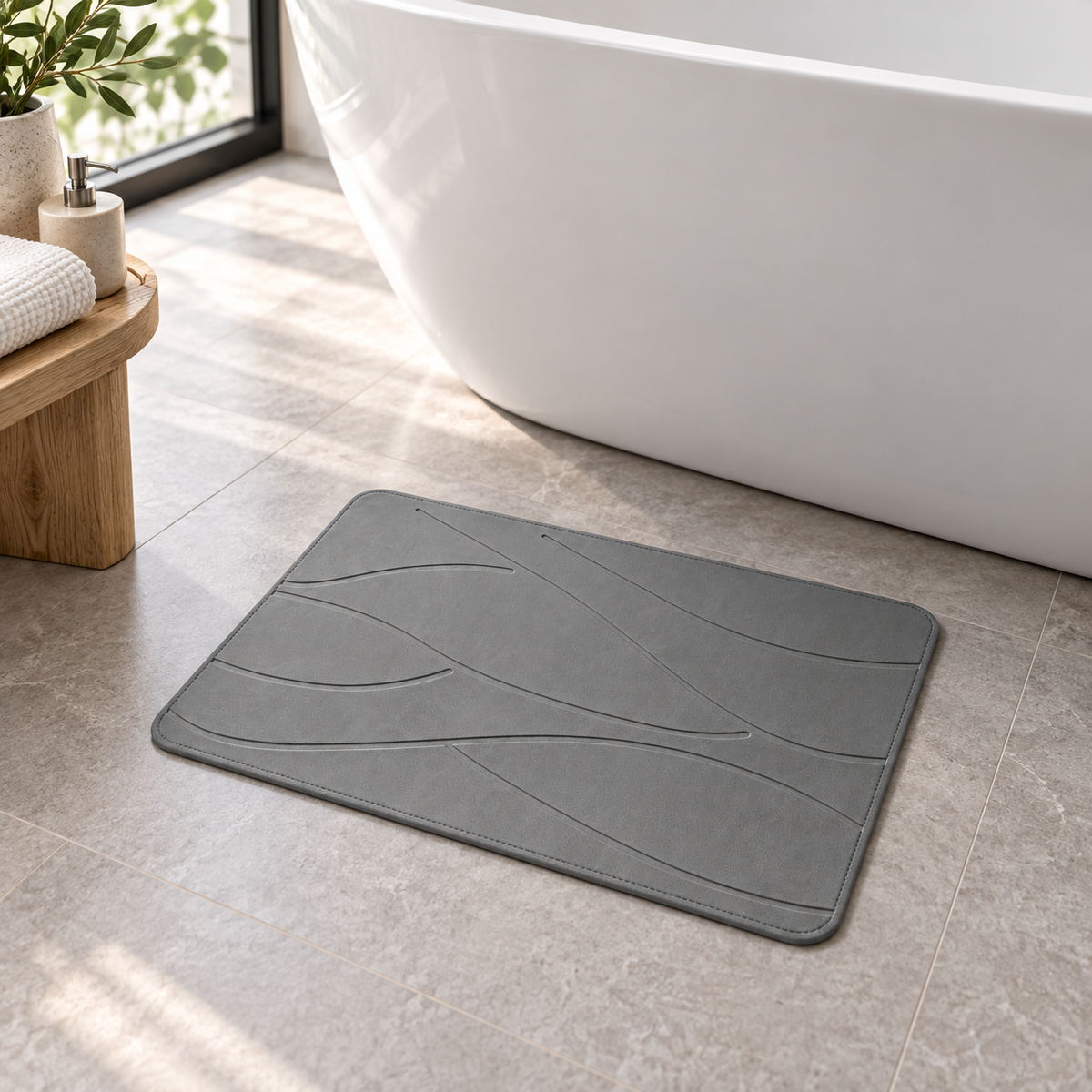 Tapis de Bain en Pierre de Diatomite – Gris / 35x45cm près d’une baignoire