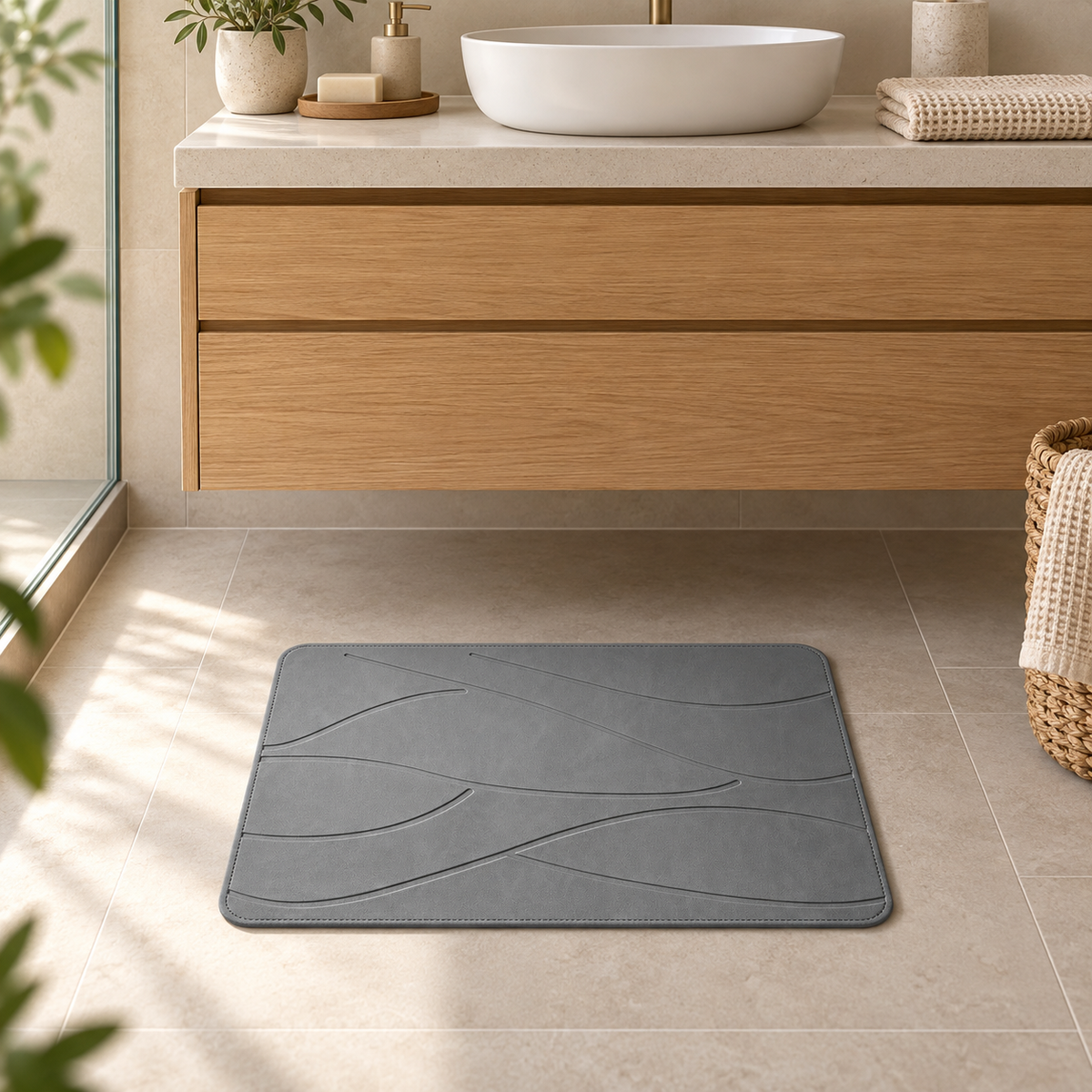 Tapis de Bain en Pierre de Diatomite – Gris / 35x45cm dans une salle de bain contemporaine