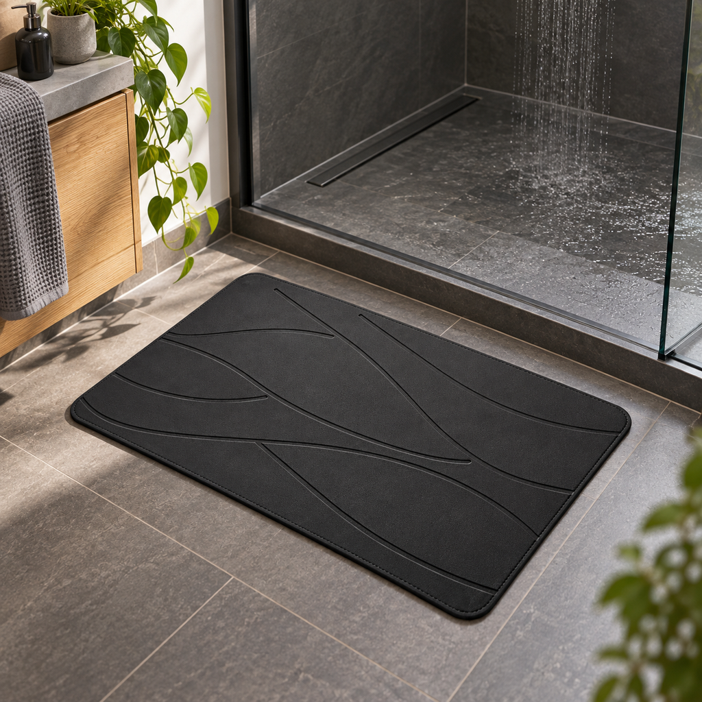 Tapis de Bain en Pierre de Diatomite – Noir / 35x45cm près d’une baignoire