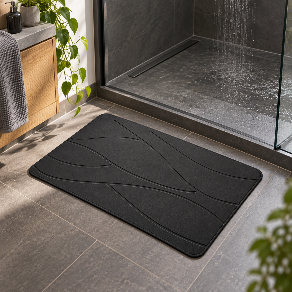 Tapis de Bain en Pierre de Diatomite – Noir / 35x45cm près d’une baignoire