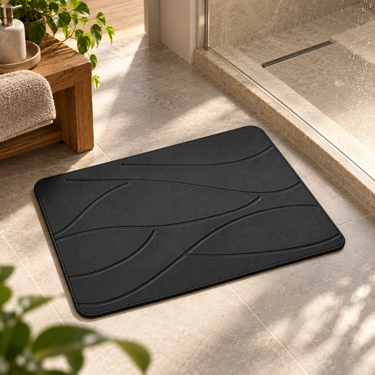 Tapis de Bain en Pierre de Diatomite – Noir / 35x45cm dans une ambiance spa