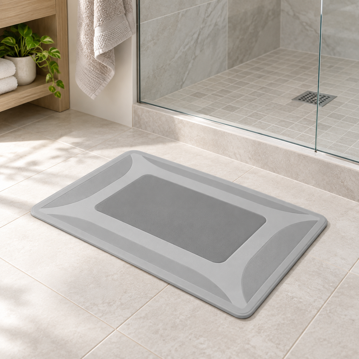 Tapis De Bain Étanche – Gris Noble / 60x90cm, Gris Noble / 50x80cm, Gris Noble / 40x60cm dans une salle de bain lumineuse