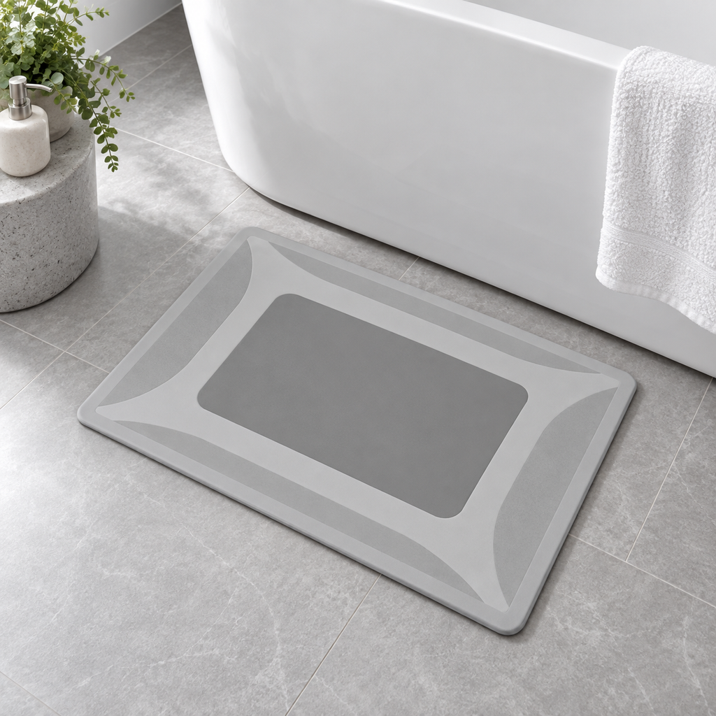 Tapis De Bain Étanche – Gris Noble / 60x90cm, Gris Noble / 50x80cm, Gris Noble / 40x60cm près d’une baignoire