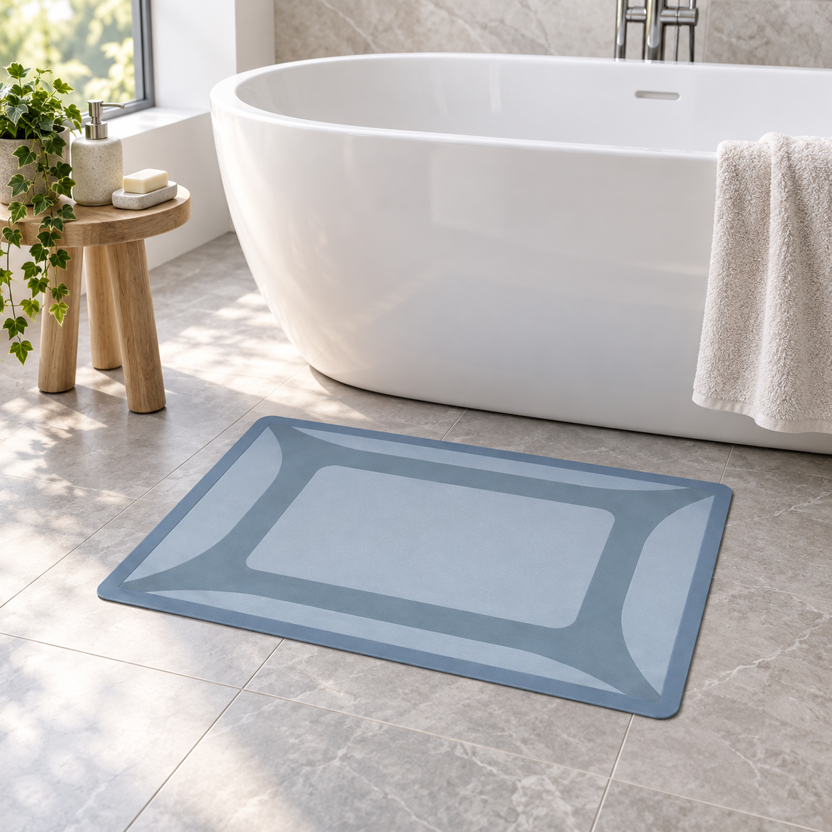 Tapis De Bain Étanche – Bleu Givre / 60x90cm, Bleu Givre / 50x80cm, Bleu Givre / 40x60cm près d’une baignoire