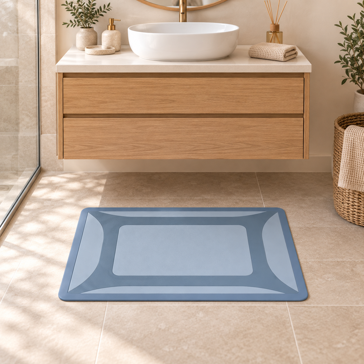 Tapis De Bain Étanche – Bleu Givre / 60x90cm, Bleu Givre / 50x80cm, Bleu Givre / 40x60cm dans une salle de bain contemporaine