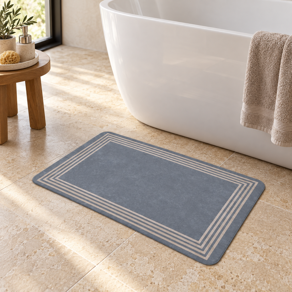 Tapis De Bain Gris – Encadré / 45cmx75cm, Encadré / 50cmx80cm, Encadré / 60cmx90cm près d’une baignoire