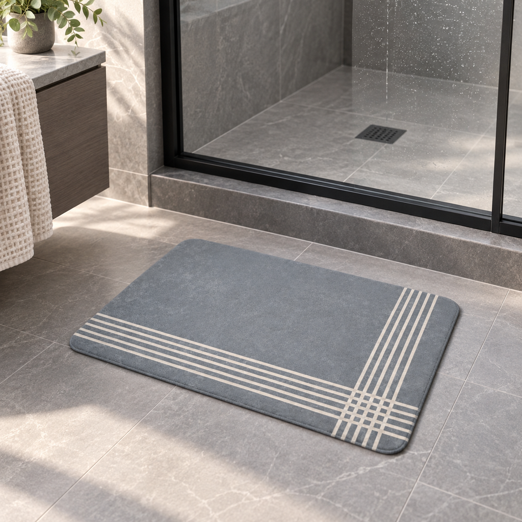 Tapis De Bain Gris – Demi-Cadre / 45cmx75cm, Demi-Cadre / 50cmx80cm, Demi-Cadre / 60cmx90cm dans une salle de bain lumineuse
