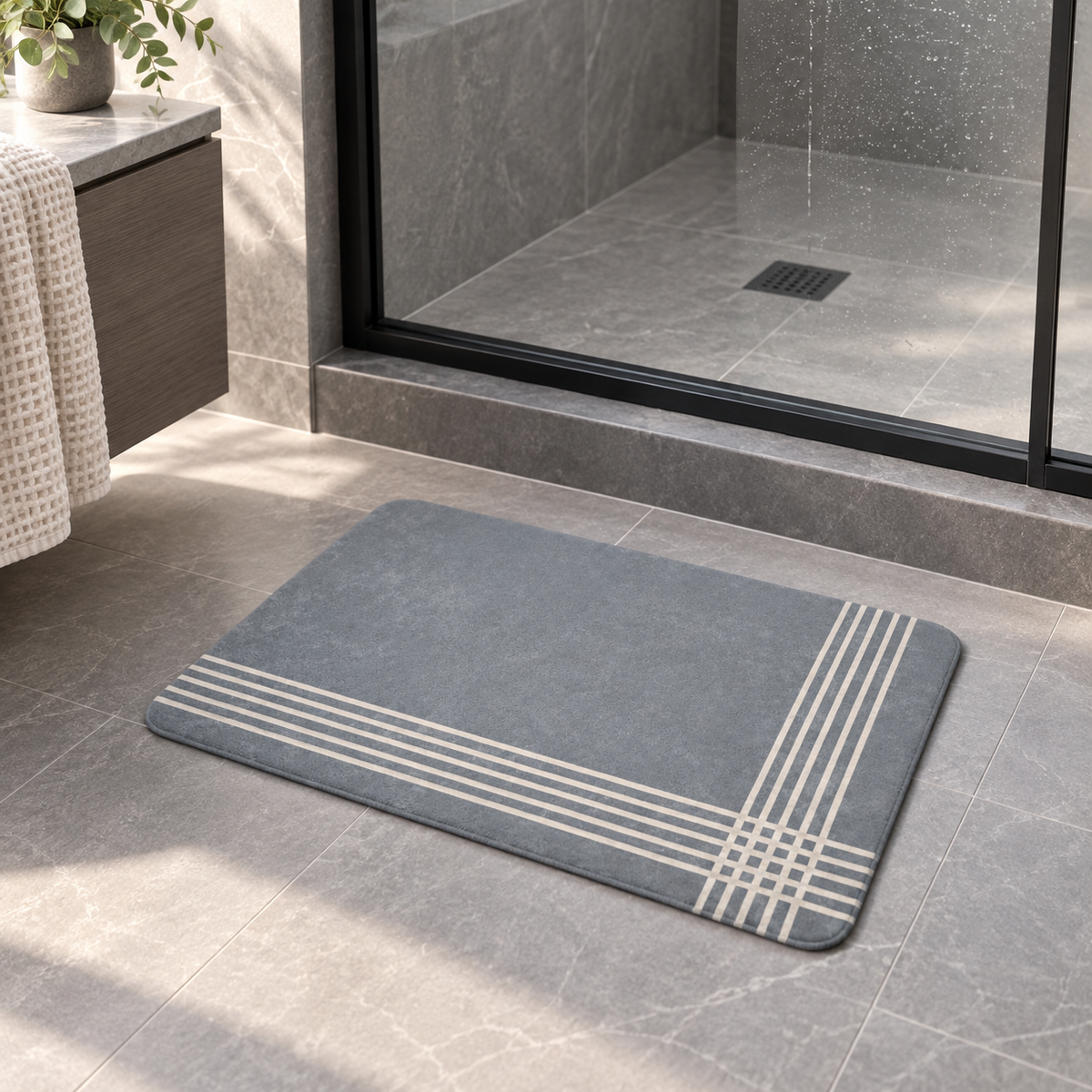 Tapis De Bain Gris – Demi-Cadre / 45cmx75cm, Demi-Cadre / 50cmx80cm, Demi-Cadre / 60cmx90cm dans une salle de bain lumineuse
