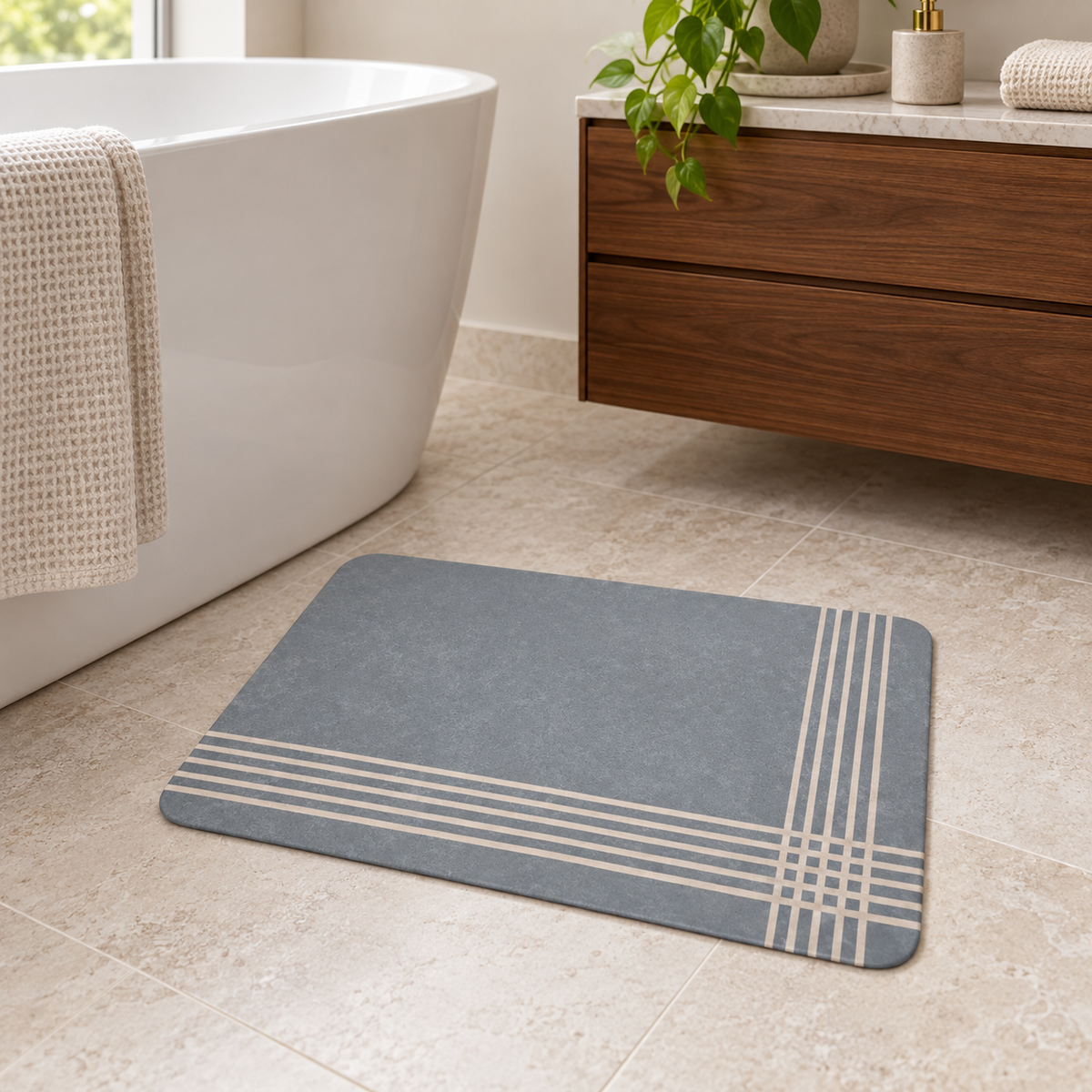 Tapis De Bain Gris – Demi-Cadre / 45cmx75cm, Demi-Cadre / 50cmx80cm, Demi-Cadre / 60cmx90cm près d’une baignoire