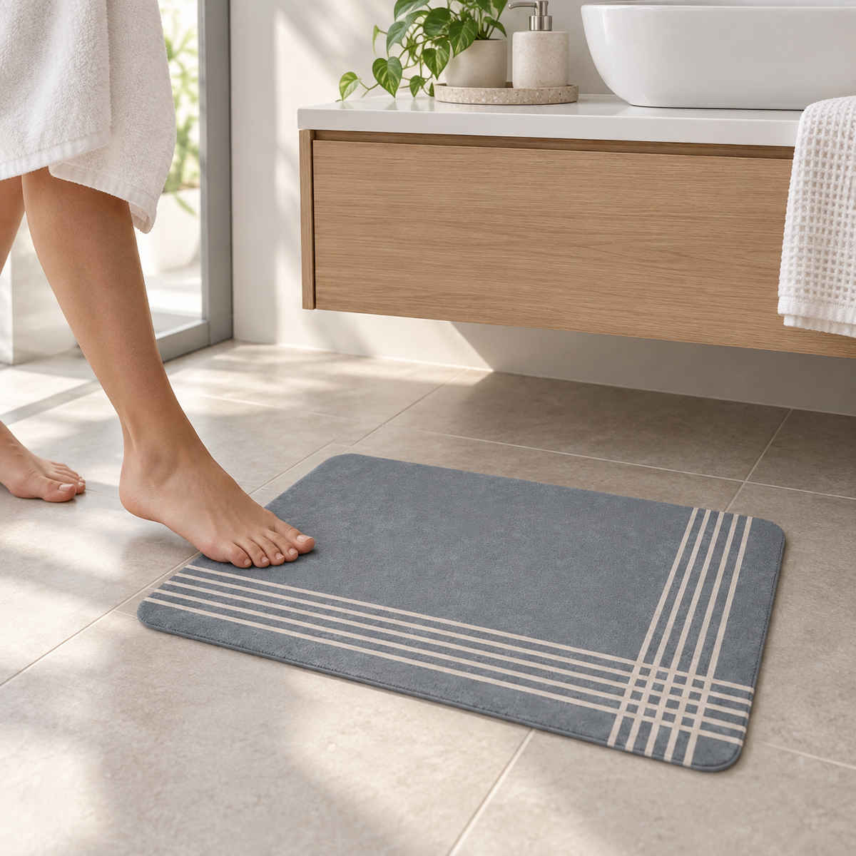 Tapis De Bain Gris – Demi-Cadre / 45cmx75cm, Demi-Cadre / 50cmx80cm, Demi-Cadre / 60cmx90cm dans une salle de bain contemp…