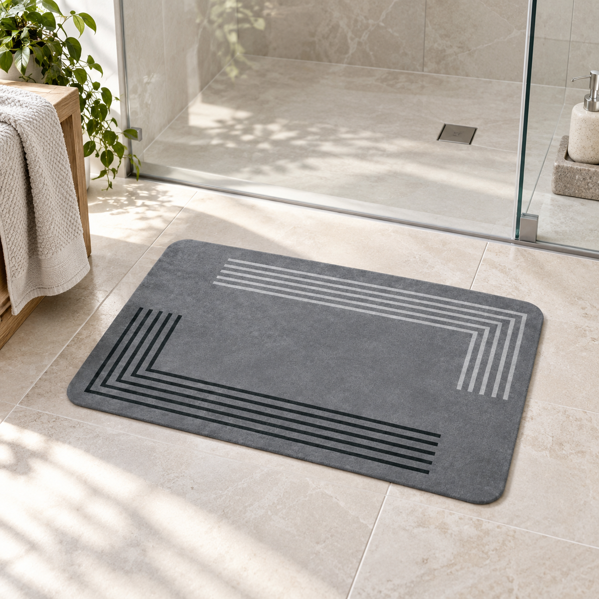 Tapis De Bain Gris – Contraste / 45cmx75cm, Contraste / 50cmx80cm, Contraste / 60cmx90cm dans une salle de bain lumineuse
