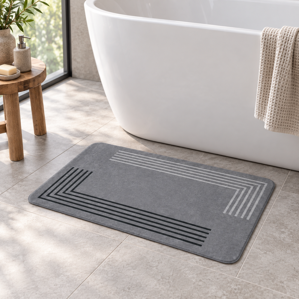 Tapis De Bain Gris – Contraste / 45cmx75cm, Contraste / 50cmx80cm, Contraste / 60cmx90cm près d’une baignoire