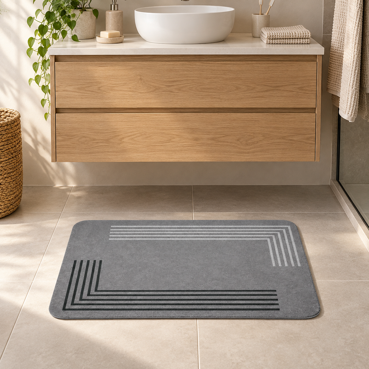 Tapis De Bain Gris – Contraste / 45cmx75cm, Contraste / 50cmx80cm, Contraste / 60cmx90cm dans une salle de bain contemporaine