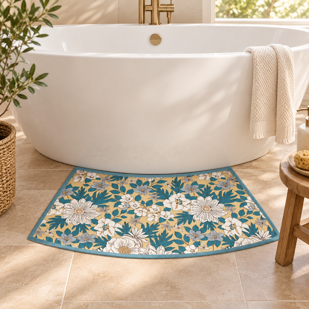 Tapis De Bain Incurvé – Éclat d'Oranger / 40cmx100cm, Éclat d'Oranger / 40cmx75cm dans une salle de bain lumineuse