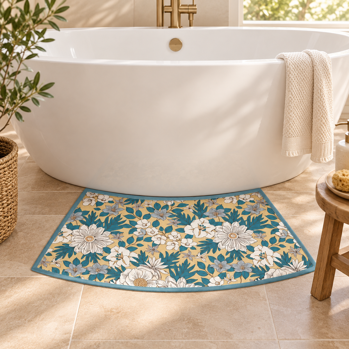 Tapis De Bain Incurvé – Éclat d'Oranger / 40cmx100cm, Éclat d'Oranger / 40cmx75cm dans une salle de bain lumineuse