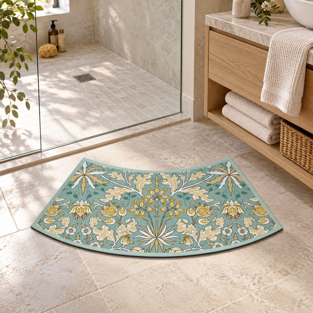 Tapis De Bain Incurvé – Jardin d'Été / 40cmx100cm, Jardin d'Été / 40cmx75cm dans une salle de bain lumineuse