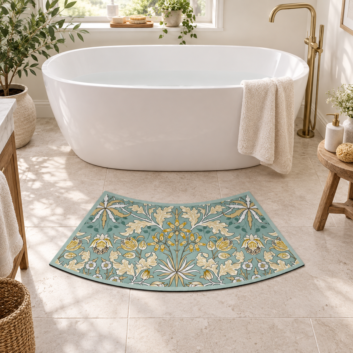 Tapis De Bain Incurvé – Jardin d'Été / 40cmx100cm, Jardin d'Été / 40cmx75cm près d’une baignoire