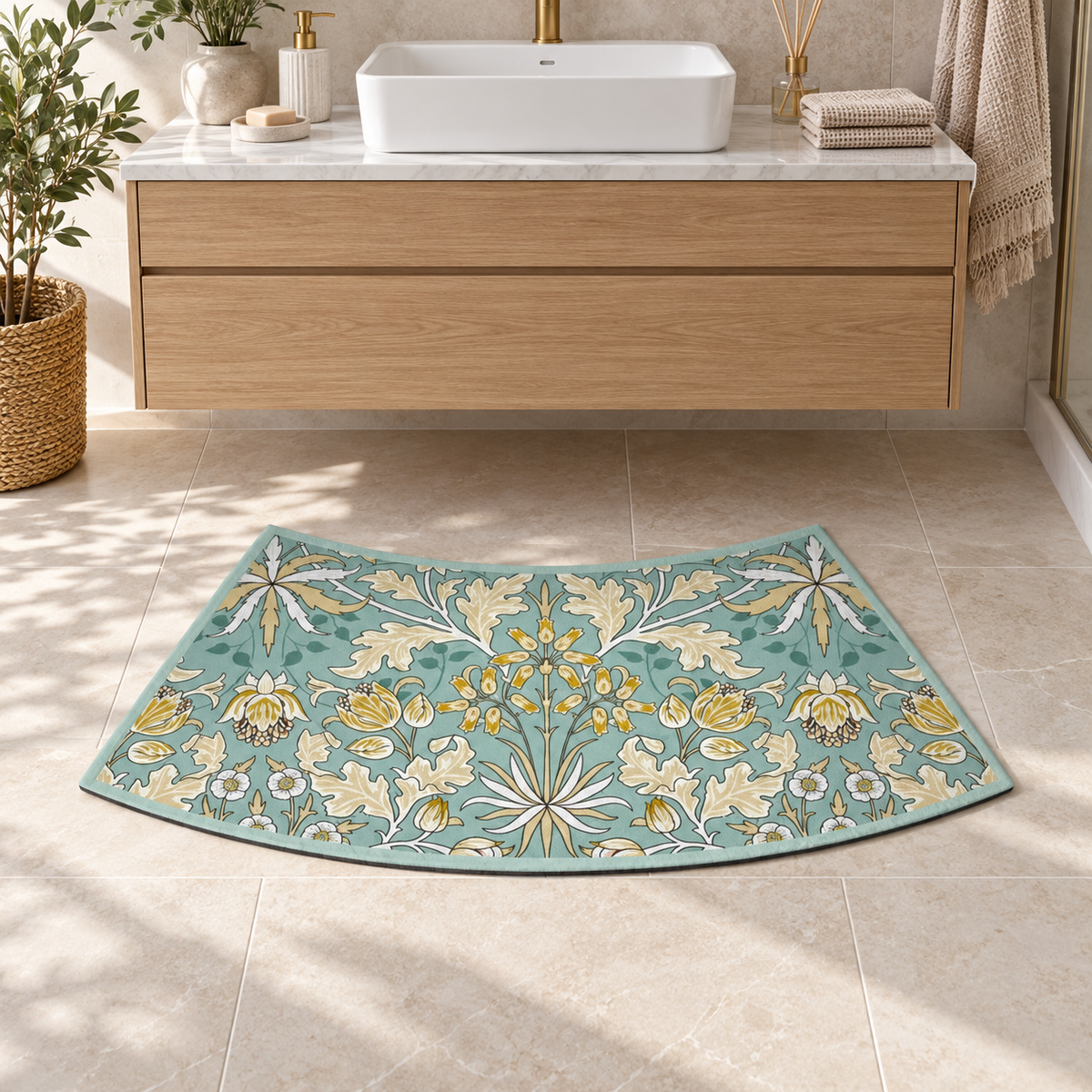 Tapis De Bain Incurvé – Jardin d'Été / 40cmx100cm, Jardin d'Été / 40cmx75cm dans une salle de bain contemporaine