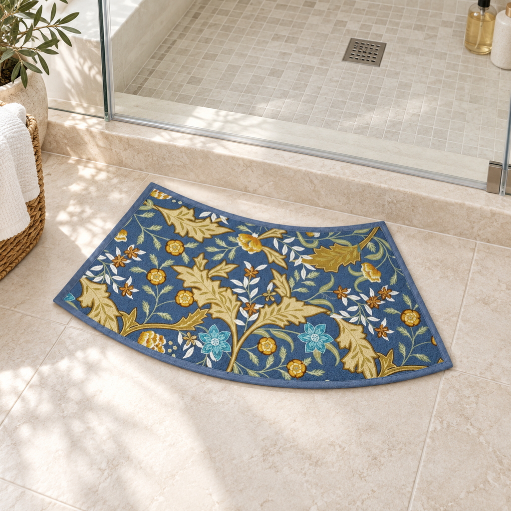Tapis De Bain Incurvé – Bleu Royal Florissant / 40cmx100cm, Bleu Royal Florissant / 40cmx75cm dans une salle de bain lumin…