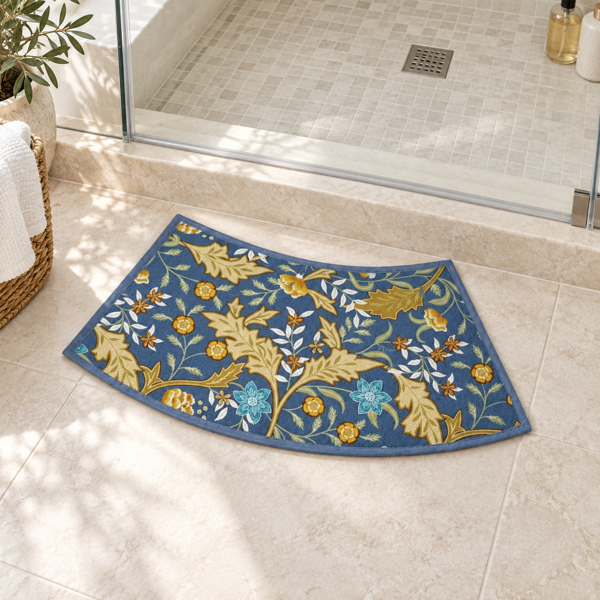 Tapis De Bain Incurvé – Bleu Royal Florissant / 40cmx100cm, Bleu Royal Florissant / 40cmx75cm dans une salle de bain lumin…