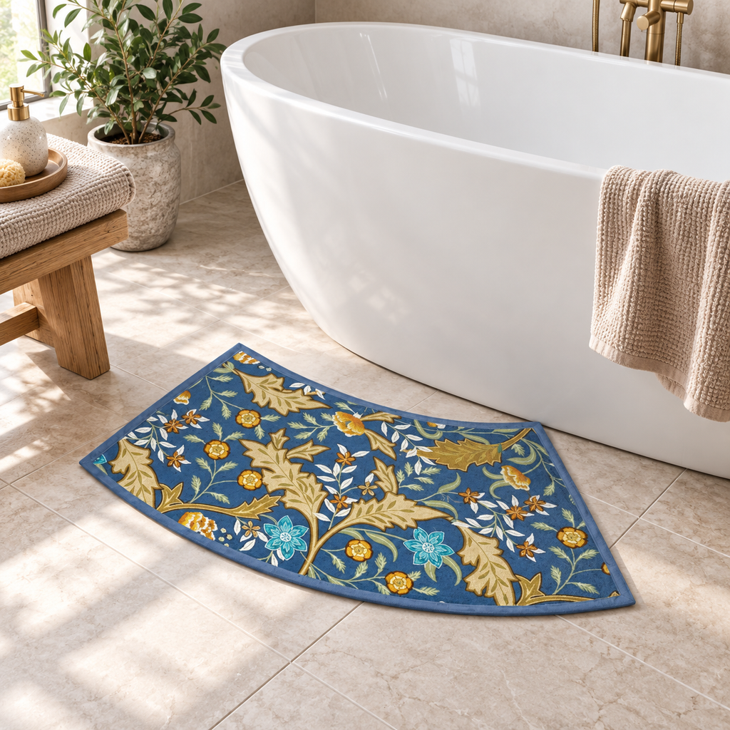 Tapis De Bain Incurvé – Bleu Royal Florissant / 40cmx100cm, Bleu Royal Florissant / 40cmx75cm près d’une baignoire