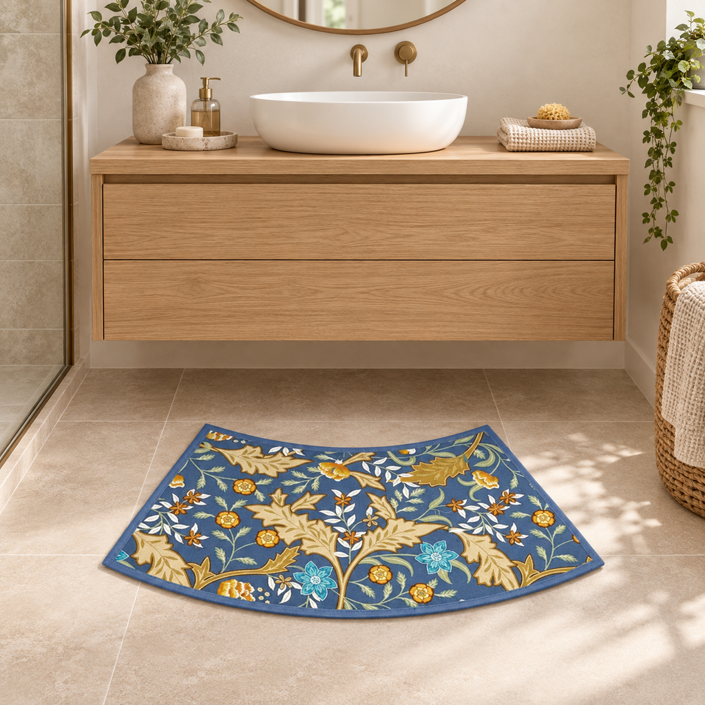 Tapis De Bain Incurvé – Bleu Royal Florissant / 40cmx100cm, Bleu Royal Florissant / 40cmx75cm dans une salle de bain conte…