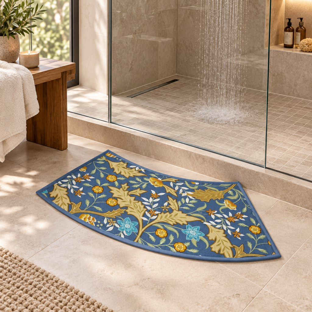 Tapis De Bain Incurvé – Bleu Royal Florissant / 40cmx100cm, Bleu Royal Florissant / 40cmx75cm dans une ambiance spa