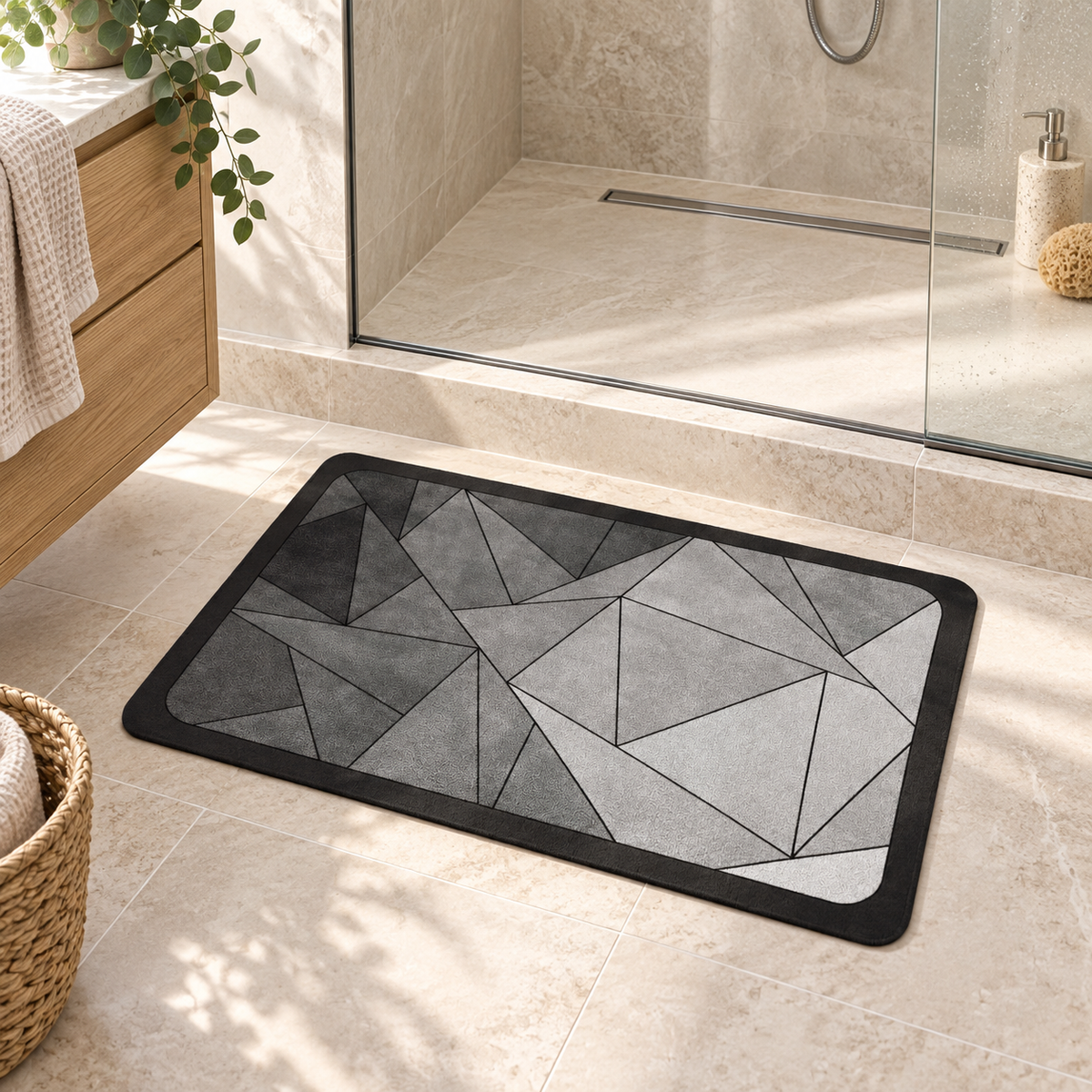 Tapis De Bain Mosaïque – Prisme Gris / 45x75cm, Prisme Gris / 50x80cm, Prisme Gris / 60x90cm dans une salle de bain lumineuse