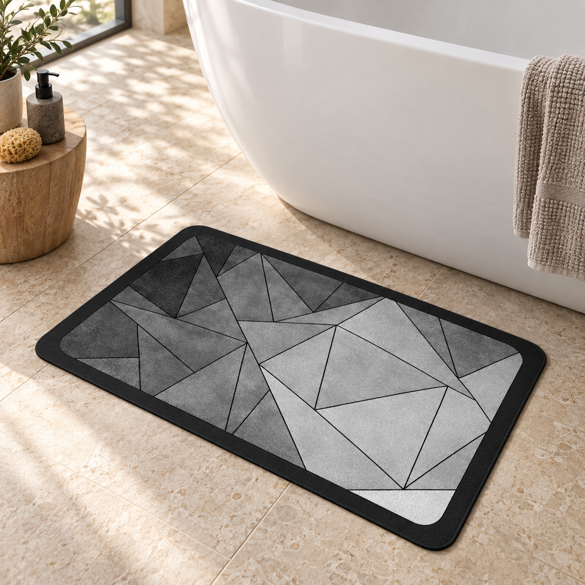 Tapis De Bain Mosaïque – Prisme Gris / 45x75cm, Prisme Gris / 50x80cm, Prisme Gris / 60x90cm près d’une baignoire
