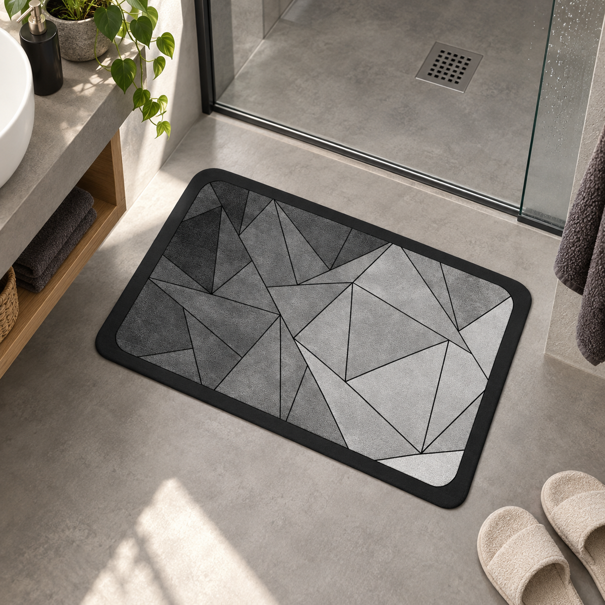 Tapis De Bain Mosaïque – Prisme Gris / 45x75cm, Prisme Gris / 50x80cm, Prisme Gris / 60x90cm dans une salle de bain contem…