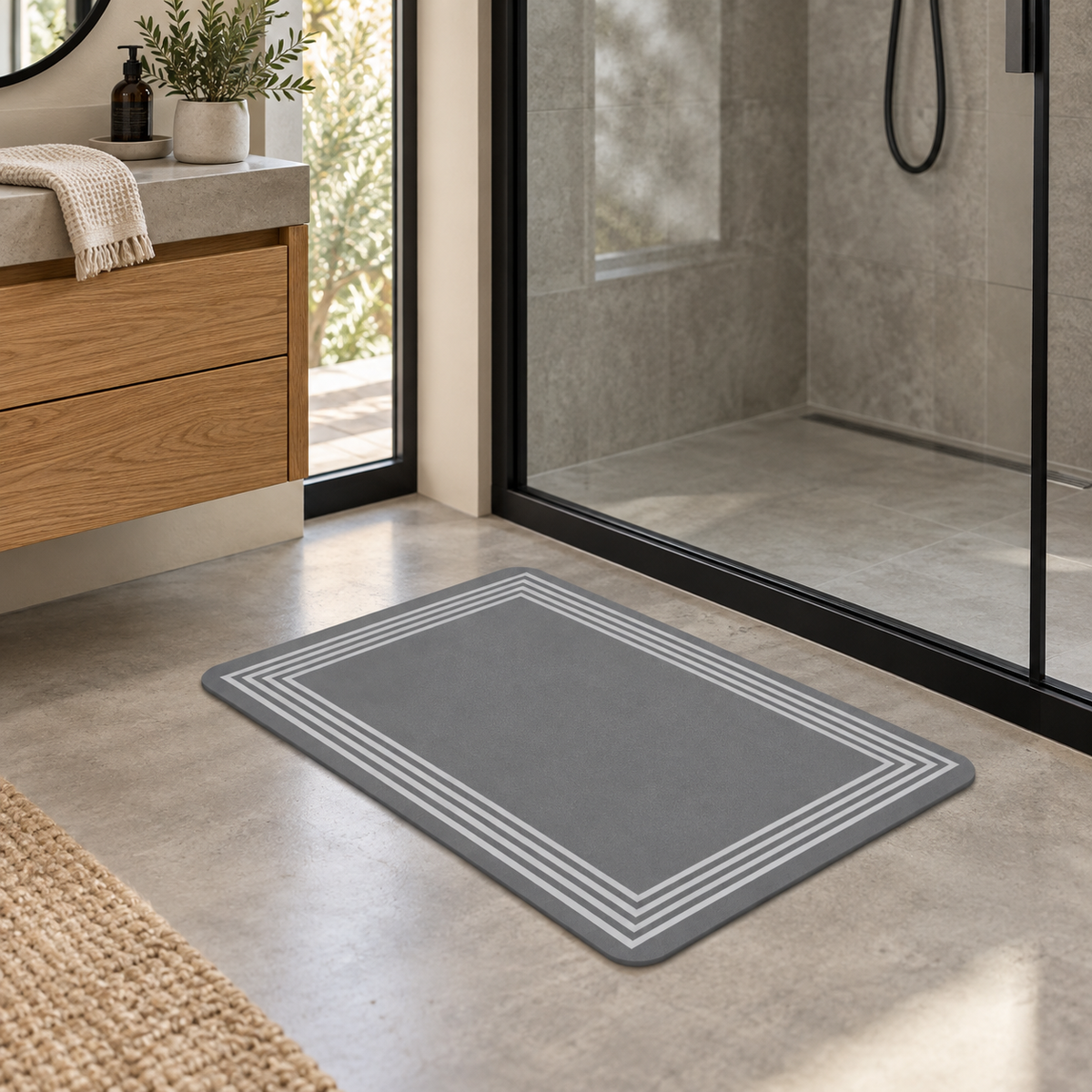 Tapis De Bain Noir – Cadre Multiple / 40cmx60cm, Cadre Multiple / 50cmx80cm, Cadre Multiple / 60cmx90cm près d’une baignoire