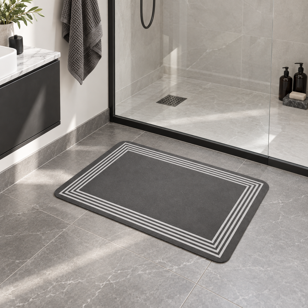 Tapis De Bain Noir – Cadre Multiple / 40cmx60cm, Cadre Multiple / 50cmx80cm, Cadre Multiple / 60cmx90cm dans une salle de…