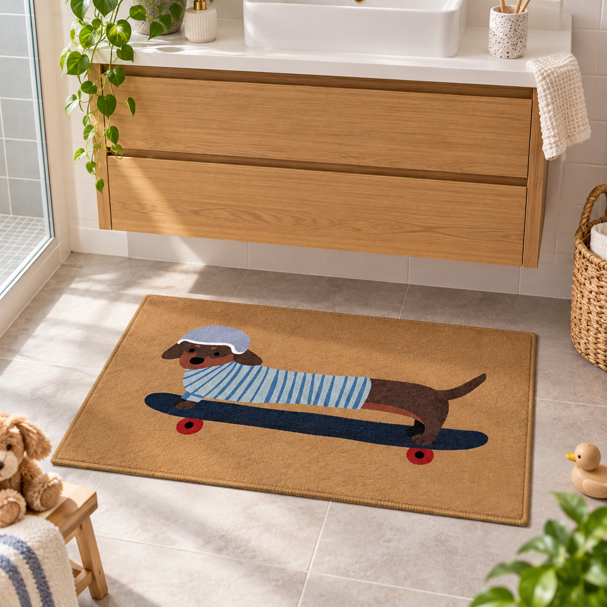 Tapis De Bain Rigolo – Chien Skater / 50x80cm, Chien Skater / 60x90cm dans une salle de bain lumineuse