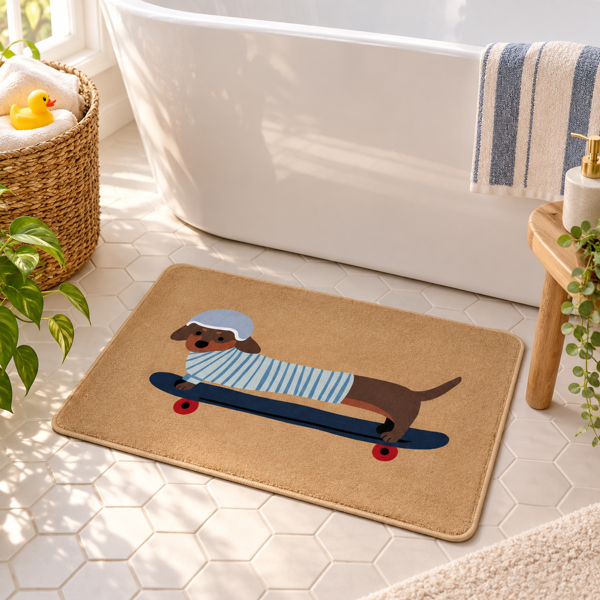 Tapis De Bain Rigolo – Chien Skater / 50x80cm, Chien Skater / 60x90cm près d’une baignoire