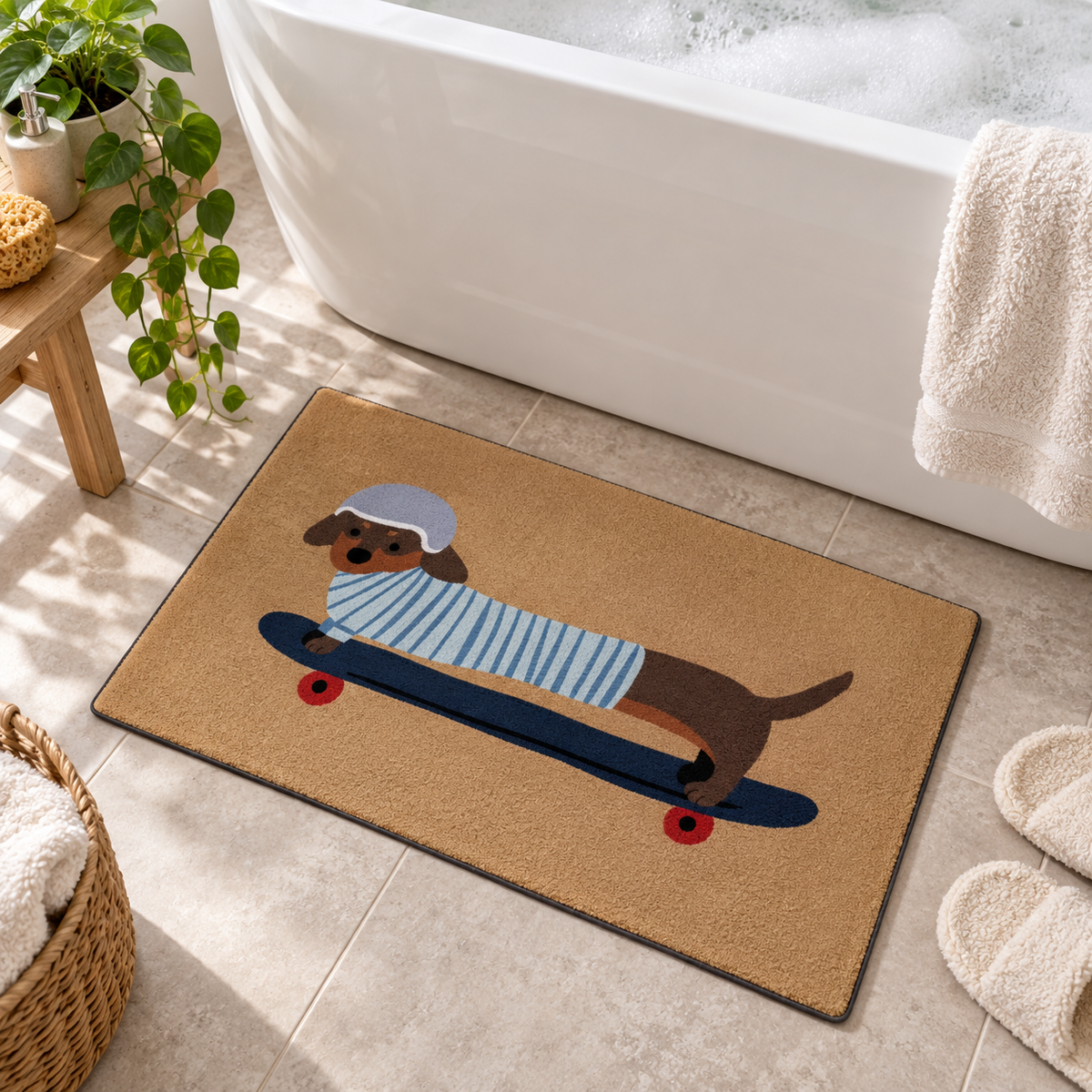 Tapis De Bain Rigolo – Chien Skater / 50x80cm, Chien Skater / 60x90cm dans une salle de bain contemporaine