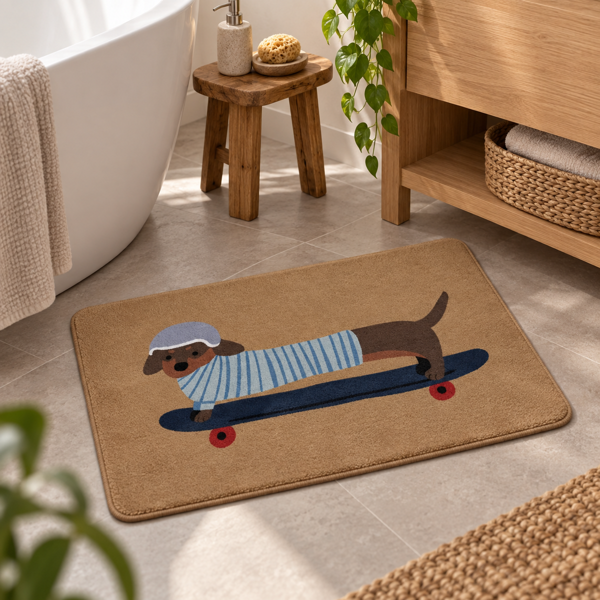 Tapis De Bain Rigolo – Chien Skater / 50x80cm, Chien Skater / 60x90cm dans une ambiance spa