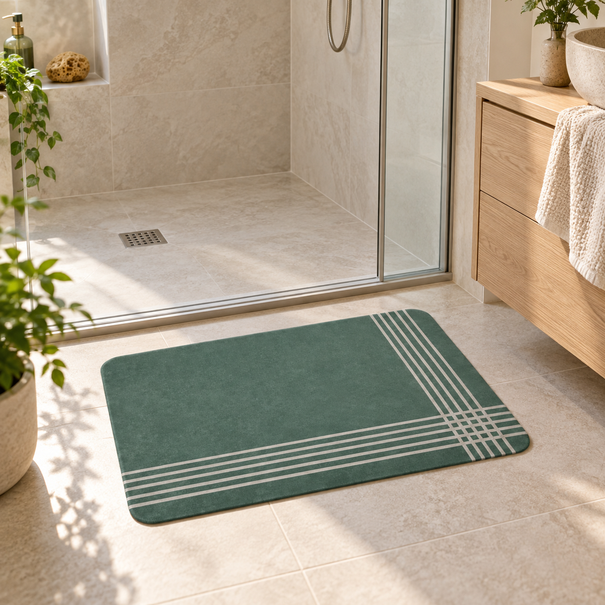 Tapis De Bain Vert Foncé – Ligne Croisée / 40cmx60cm, Ligne Croisée / 50cmx80cm, Ligne Croisée / 60cmx90cm dans une salle…