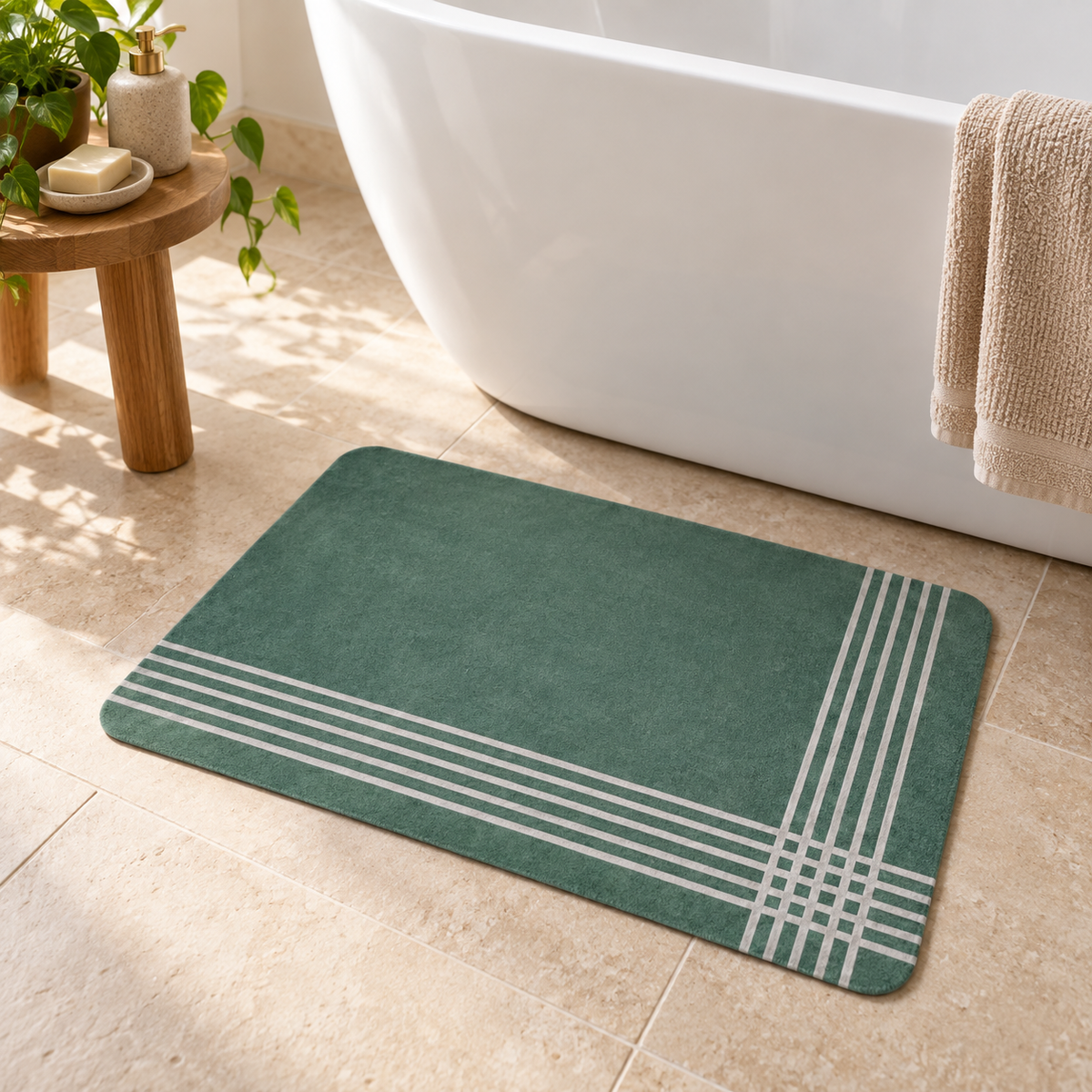 Tapis De Bain Vert Foncé – Ligne Croisée / 40cmx60cm, Ligne Croisée / 50cmx80cm, Ligne Croisée / 60cmx90cm près d’une baig…