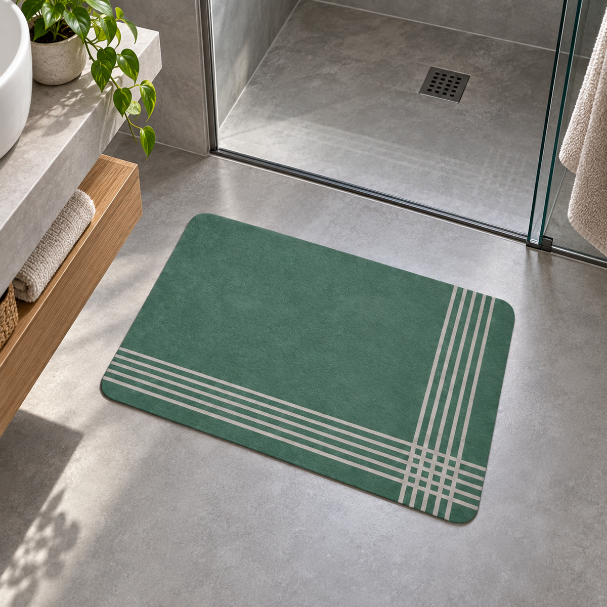 Tapis De Bain Vert Foncé – Ligne Croisée / 40cmx60cm, Ligne Croisée / 50cmx80cm, Ligne Croisée / 60cmx90cm dans une salle…