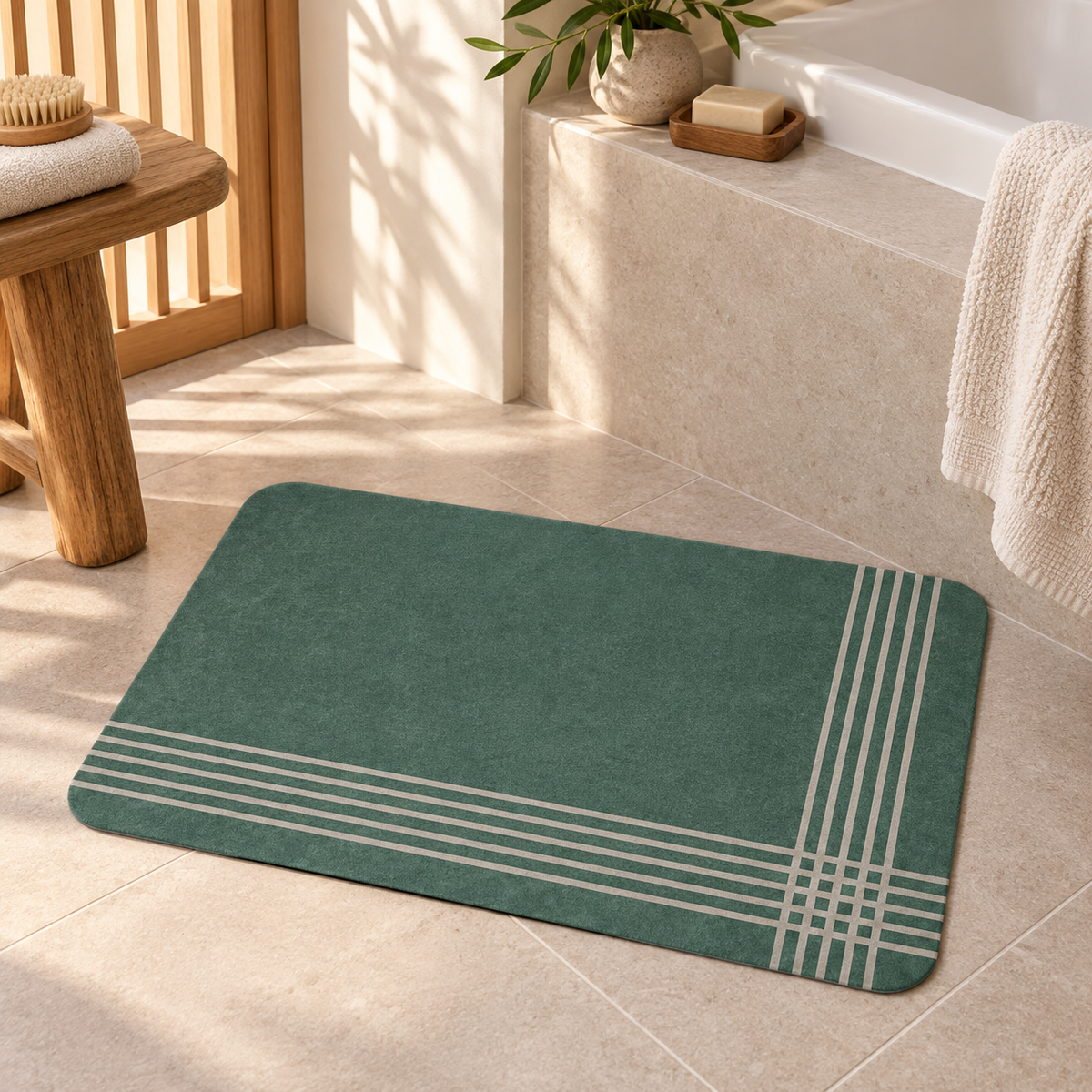 Tapis De Bain Vert Foncé – Ligne Croisée / 40cmx60cm, Ligne Croisée / 50cmx80cm, Ligne Croisée / 60cmx90cm dans une ambian…