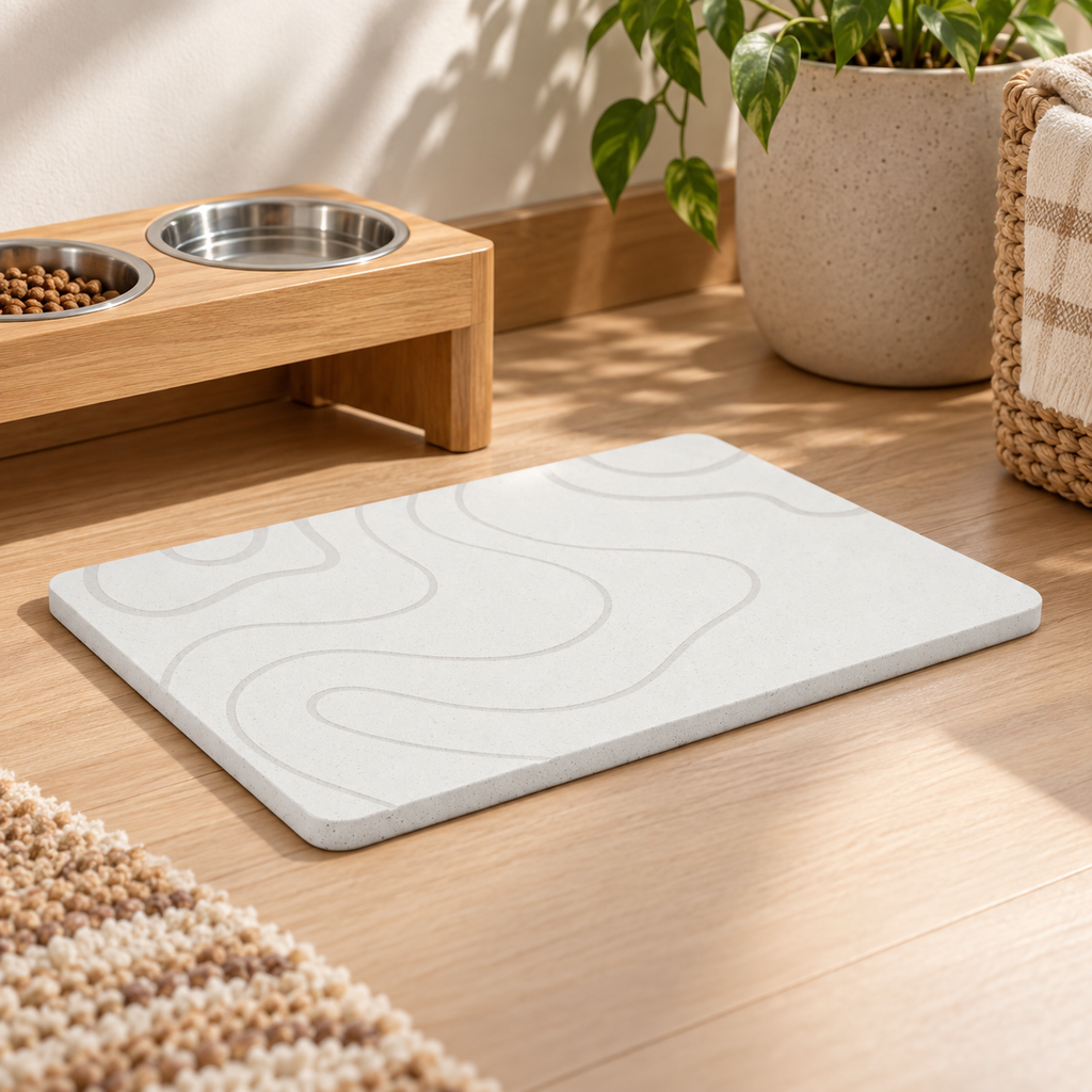 Tapis Diatomite Blanc Pour Animaux – Blanc / 30x40cm, Blanc / 35x45cm, Blanc / 40x60cm dans un intérieur chaleureux avec u…