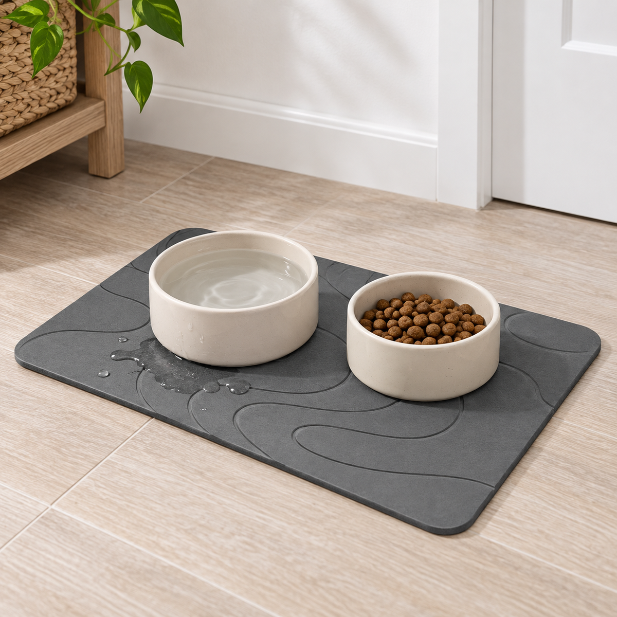 Tapis Diatomite Gris Pour Animaux – Gris / 30x40cm, Gris / 35x45cm, Gris / 40x60cm dans une cuisine lumineuse