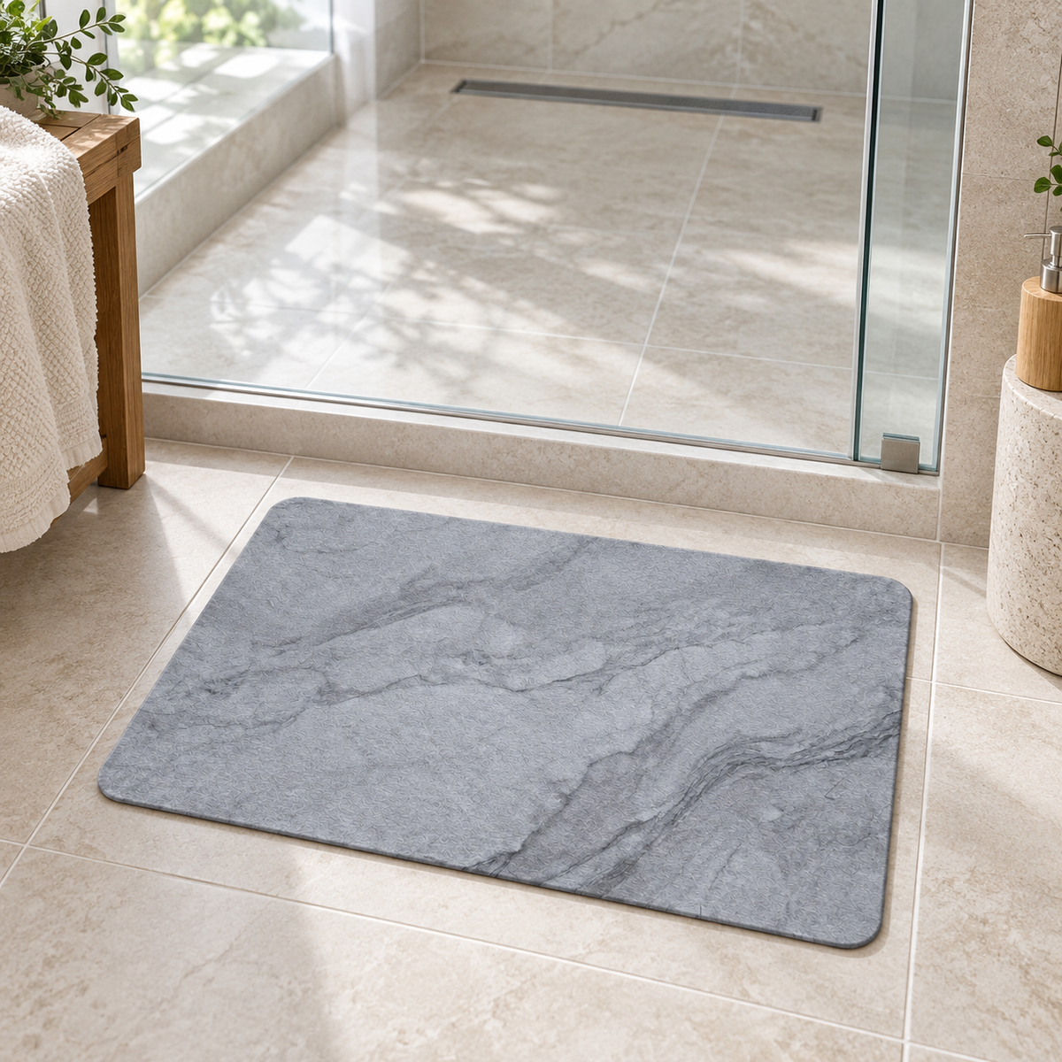 Tapis Diatomite Marbre – Marbre / 40x60cm, Marbre / 50x80cm, Marbre / 60x90cm dans une salle de bain lumineuse