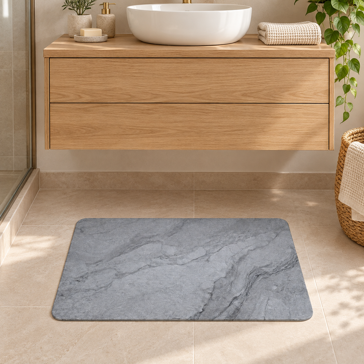 Tapis Diatomite Marbre – Marbre / 40x60cm, Marbre / 50x80cm, Marbre / 60x90cm dans une salle de bain contemporaine