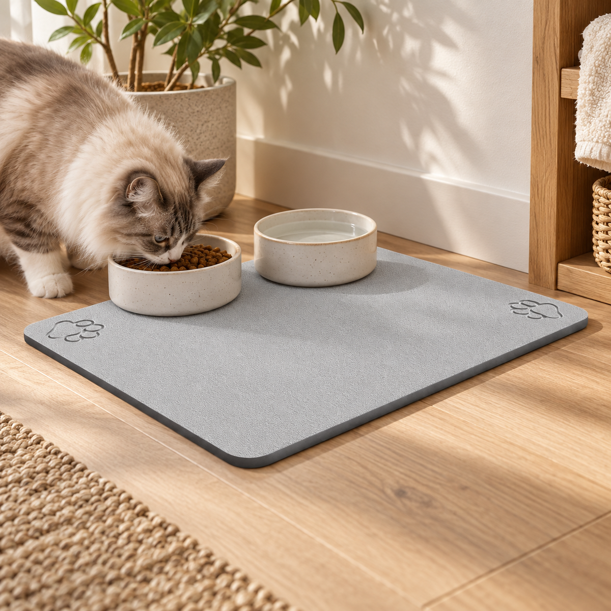 Tapis Diatomite Pour Chat dans un intérieur chaleureux avec un animal